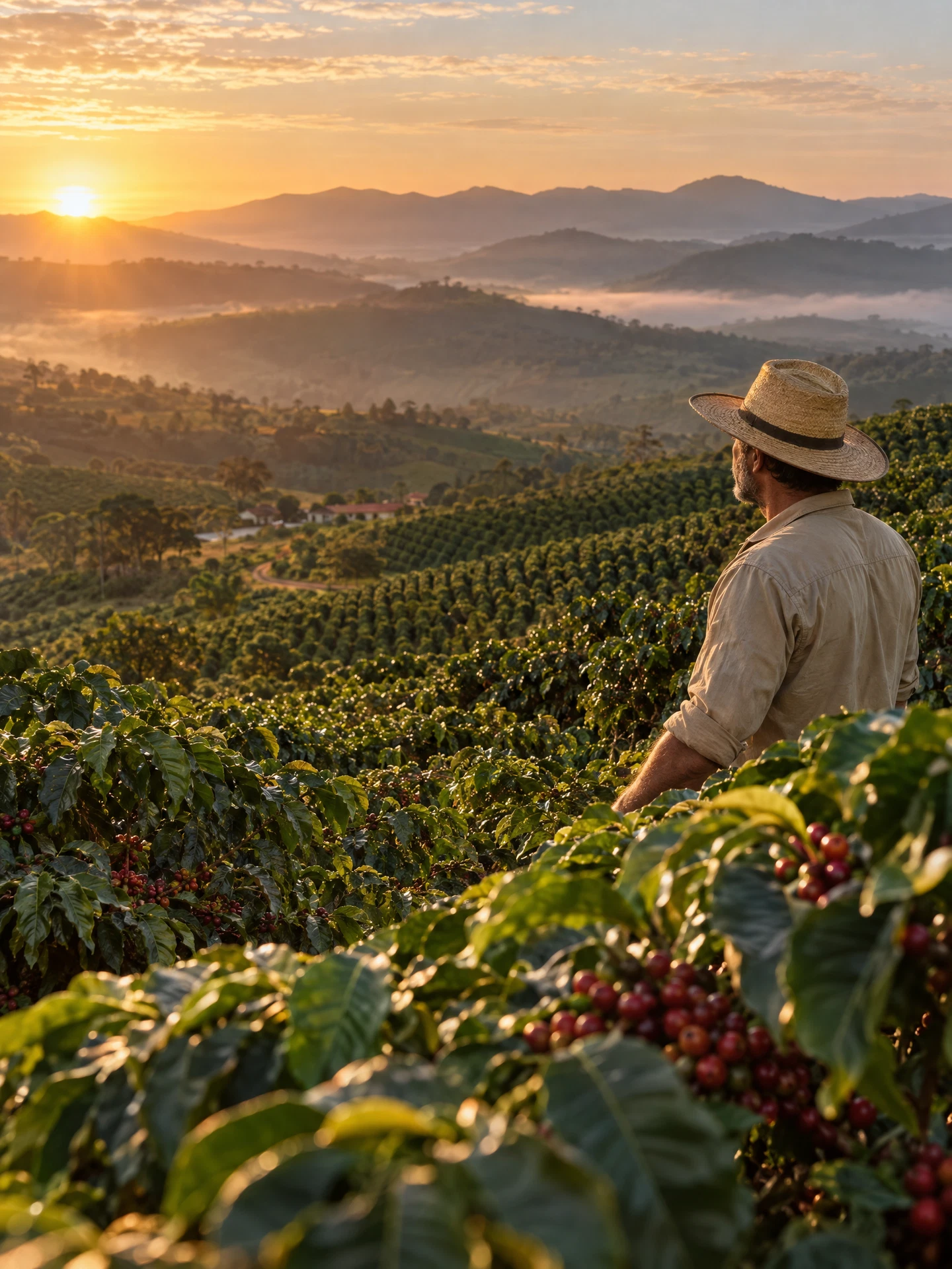 Cafeicultor em uma lavoura de café ao amanhecer